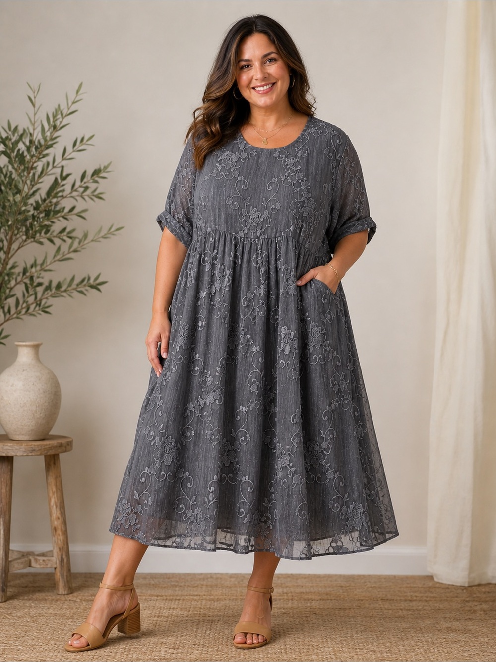 Plus Size Lace Midi Dress in Charcoal Gray with Rolled Short Sleeves